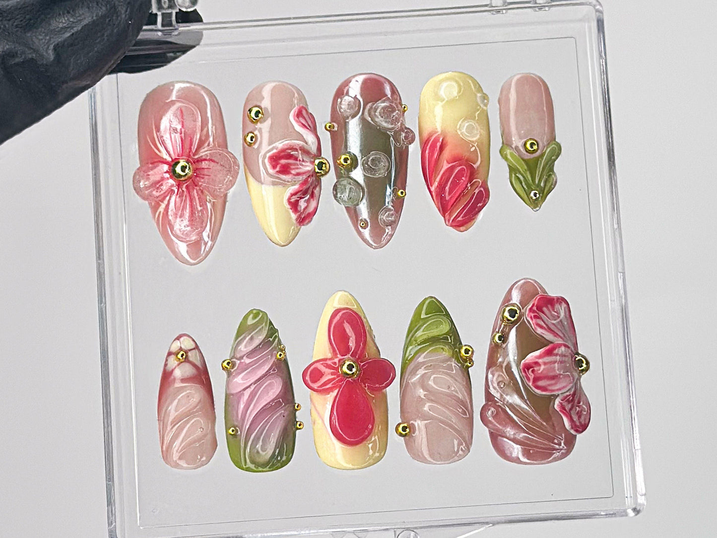 Designer フラワー ネイルチップ｜上品 3D フラワー ネイルアート｜カスタム ネイルチップ｜ロマンティック ネイルアート in ネイルチップ｜ネイルチップ｜HD453TL