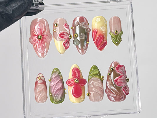 Designer フラワー ネイルチップ｜上品 3D フラワー ネイルアート｜カスタム ネイルチップ｜ロマンティック ネイルアート in ネイルチップ｜ネイルチップ｜HD453TL
