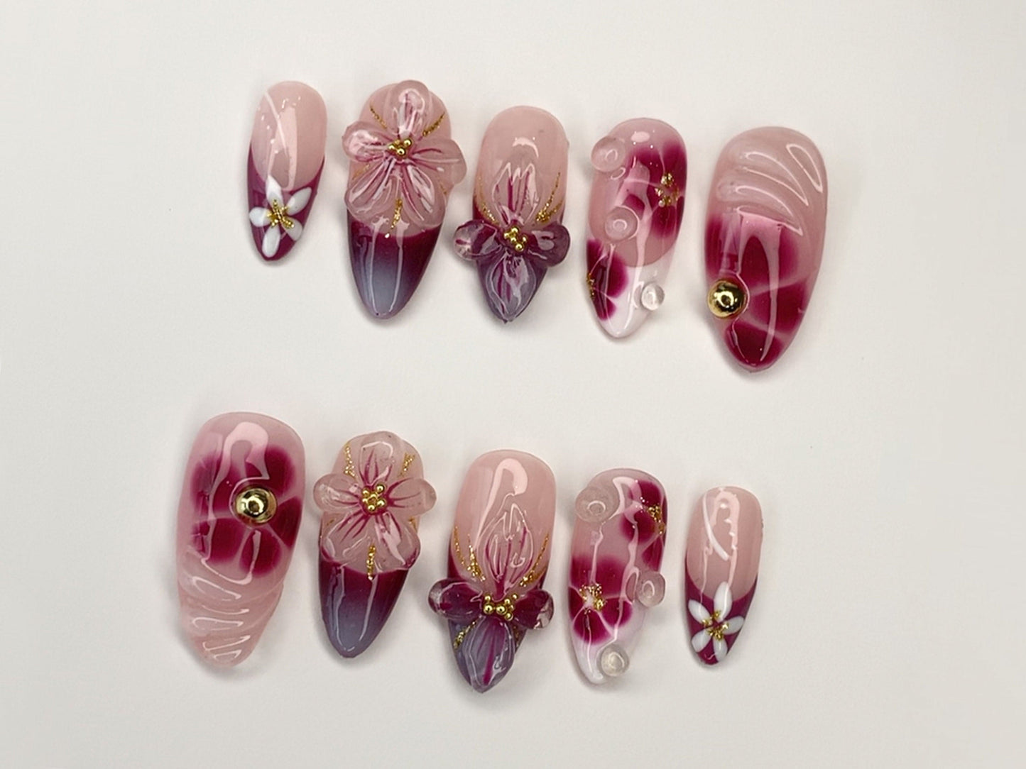 上品 フラワー ネイルチップ｜ハンドメイド ピンク・Burgundy グラデーション｜3Dフラワー・ラインストーン Accents｜Perfect for Special Occasions｜J349SL