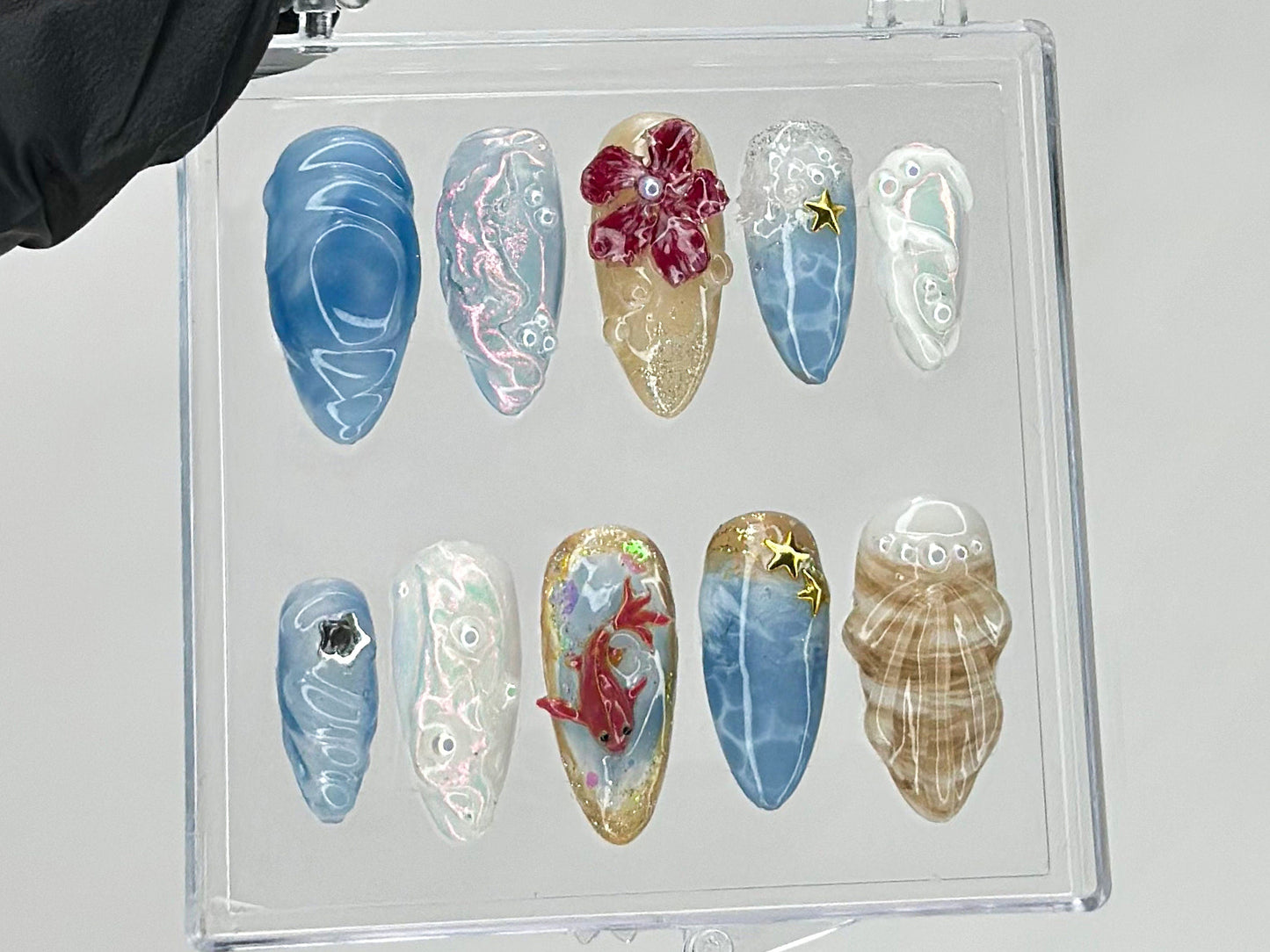 Ocean・風 ネイルチップ｜3D シー Shell and スターfish Ocean ネイル｜ネイル press on｜夏 ネイル｜鯉 ネイルチップ｜HD430TH