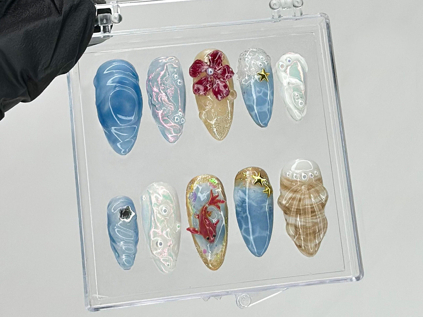 Ocean・風 ネイルチップ｜3D シー Shell and スターfish Ocean ネイル｜ネイル press on｜夏 ネイル｜鯉 ネイルチップ｜HD430TH