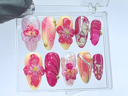 Blooming フラワー ネイルチップ｜3D クローム フラワー ネイルチップ｜華やか フラワー ネイルチップ Press On｜春 夏 ネイルアート｜HD423YL
