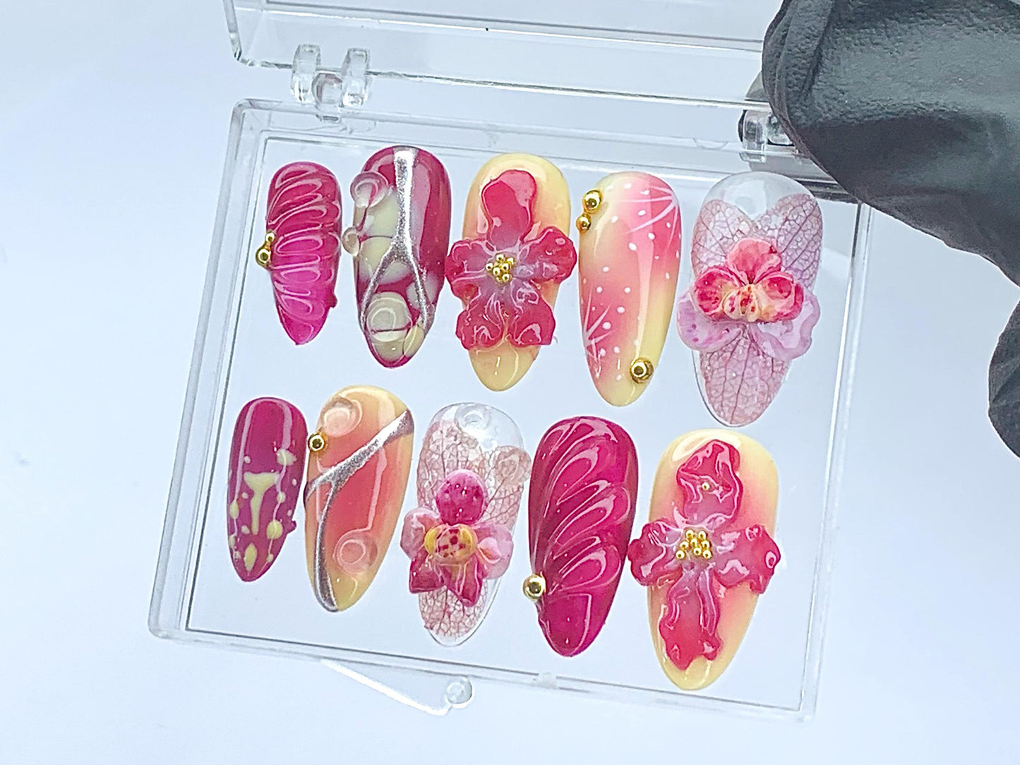 Blooming フラワー ネイルチップ｜3D クローム フラワー ネイルチップ｜華やか フラワー ネイルチップ Press On｜春 夏 ネイルアート｜HD423YL