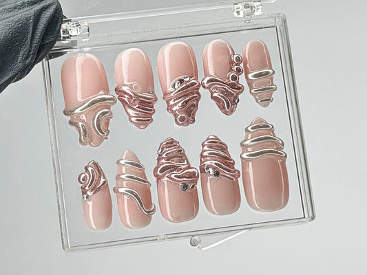 上品 ローズ ゴールド ネイルチップ｜ユニーク 3D クローム Accents On ネイルチップ｜フレンチチップ クローム ネイルアート｜Gift for her｜HD538T