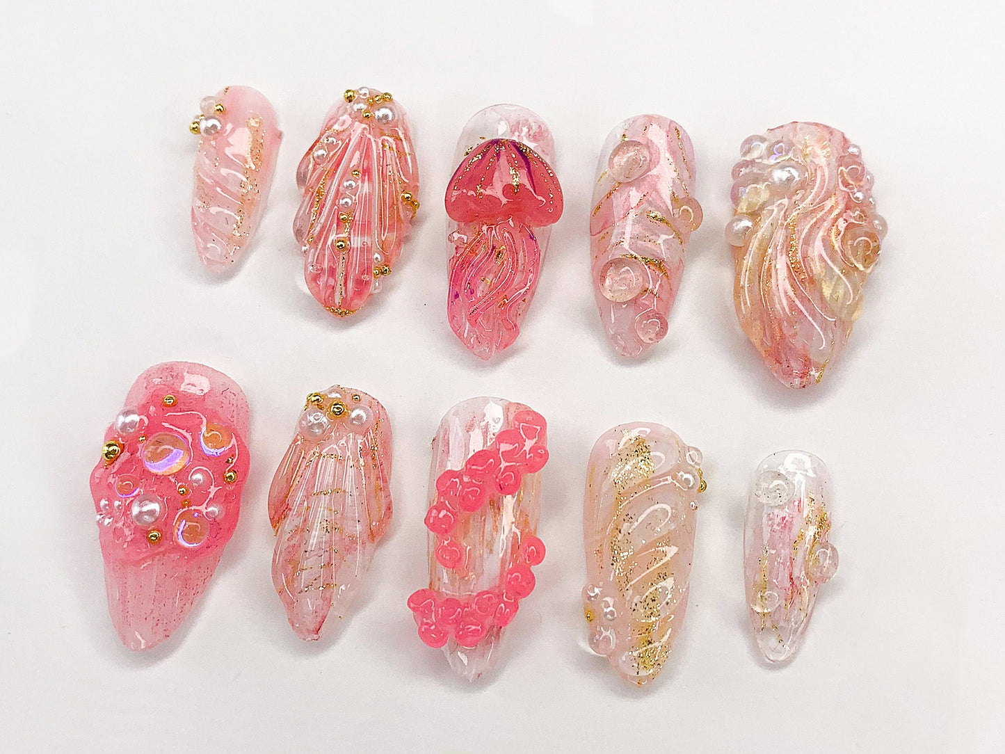 Ocean・風 ネイルチップ｜トロピカルビーチ Designs with Jellyfish, Seashells, and スターfish｜夏 ハンドメイド ネイルチップ｜J366AL