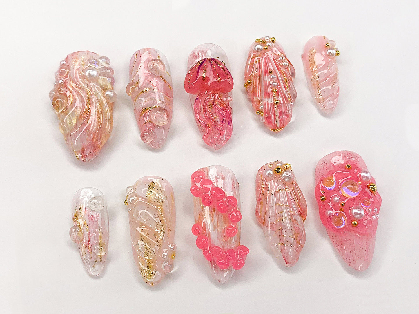 Ocean・風 ネイルチップ｜トロピカルビーチ Designs with Jellyfish, Seashells, and スターfish｜夏 ハンドメイド ネイルチップ｜J366AL