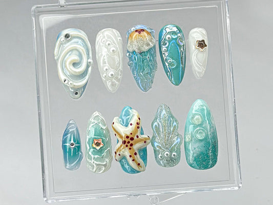 Ocean・風 ネイルチップ｜華やか 3D スターfish On ネイルチップ｜夏 ネイルチップ｜Luxurious パール Ocean ネイル｜HD440TH