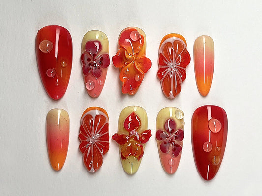 夏 Blossom ネイルチップ｜Tropical Sunset 3D Gel フラワー オンブレ ネイルアート｜カスタム ハンドメイド フラワー ネイル｜ドリーミー アーモンド ネイル｜J403A