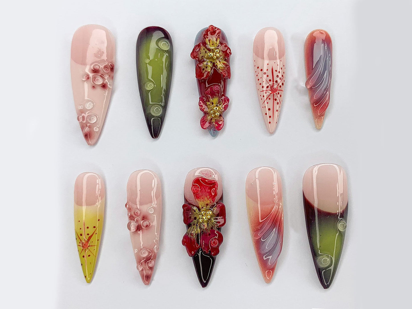 カスタム ドリーミー ネイルチップ｜3D Jelly Orchids ネイルアート｜手描き Acrylic フラワー ネイルチップ｜FairyCore フラワー ネイルチップ｜J330AK