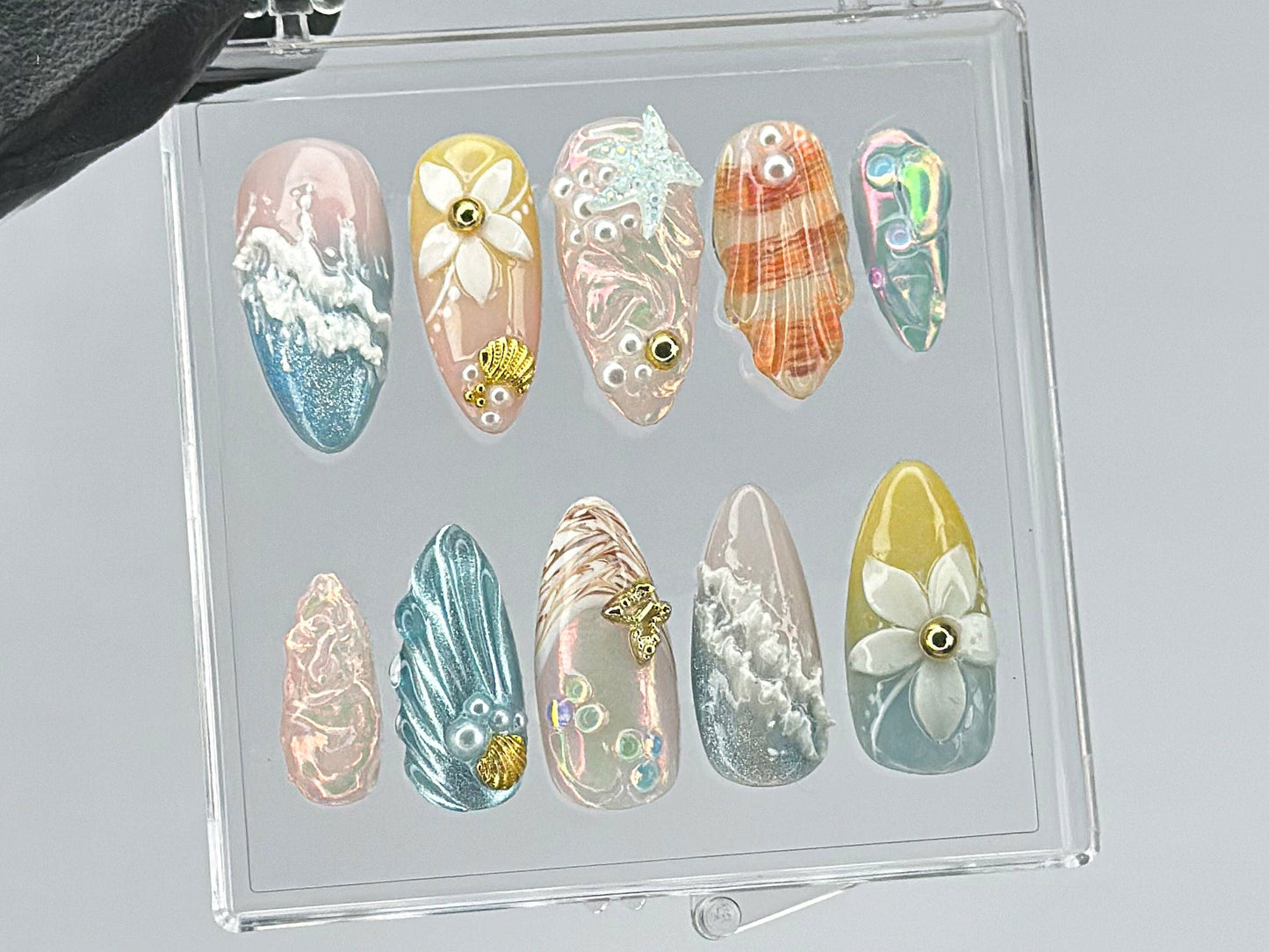 Ocean Dream ネイルチップ｜Aquatic Elegance ネイルアート｜ユニーク ネイルチップ with パール｜夏 ネイルチップ｜ocean ネイルチップ｜HD445TK