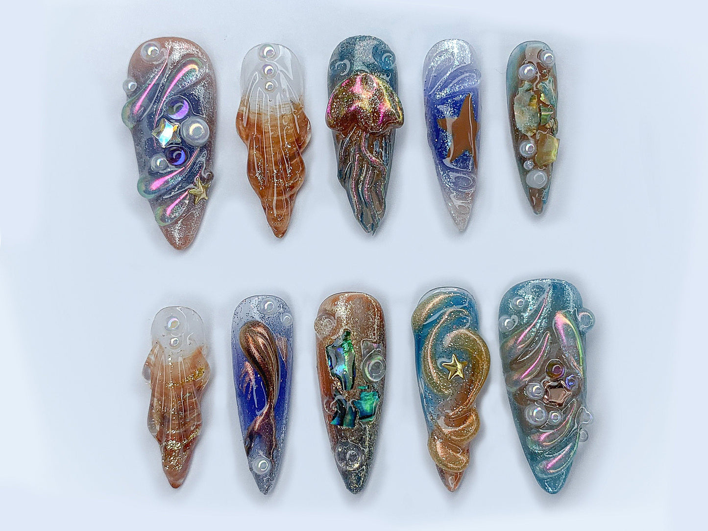 Free Style クローム ネイルチップ｜カスタム Colorful 3D メタリック Jellyfish Gel ネイルアート｜ブルー & オレンジ オンブレ Handpainted ネイルセット｜J335AL