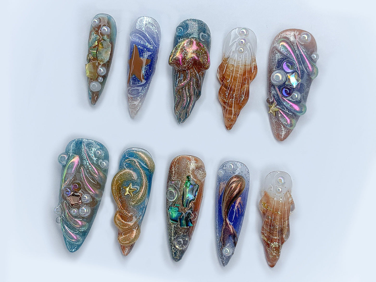 Free Style クローム ネイルチップ｜カスタム Colorful 3D メタリック Jellyfish Gel ネイルアート｜ブルー & オレンジ オンブレ Handpainted ネイルセット｜J335AL