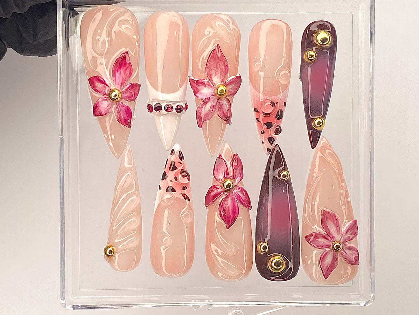 上品 フラワー ビジュー Press On Nail｜ピンク Blossom ネイルアート｜上品 フラワー ネイルチップ｜Artisan ピンク フラワー ネイルチップ｜ハンドメイド｜HD491YL