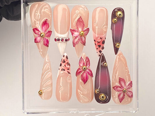 上品 フラワー ビジュー Press On Nail｜ピンク Blossom ネイルアート｜上品 フラワー ネイルチップ｜Artisan ピンク フラワー ネイルチップ｜ハンドメイド｜HD491YL