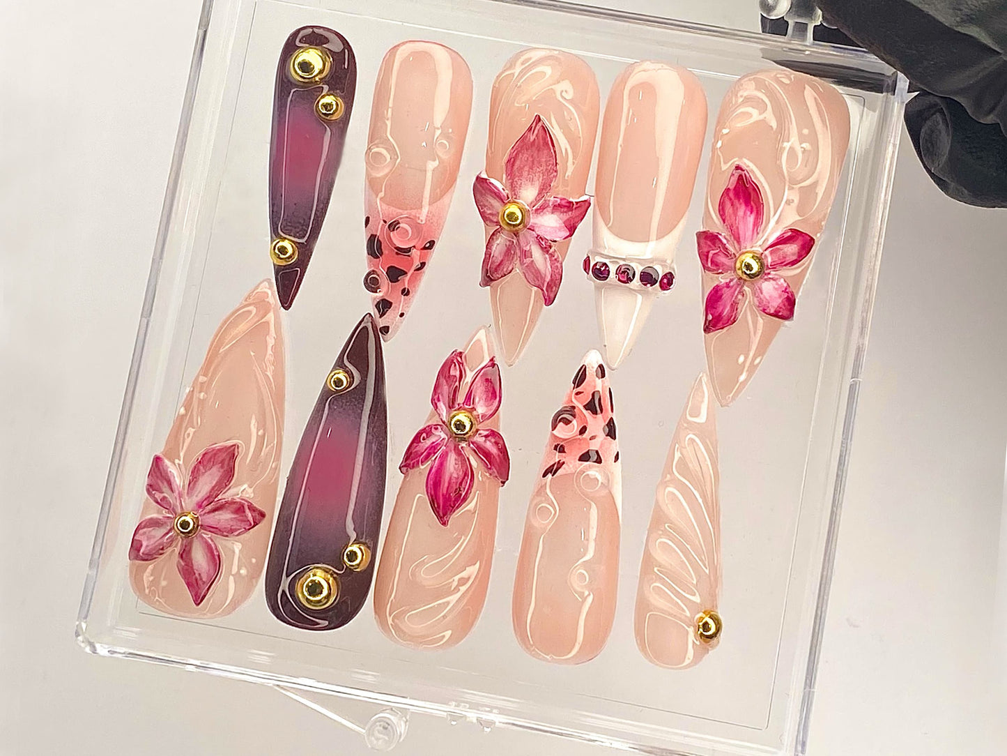 上品 フラワー ビジュー Press On Nail｜ピンク Blossom ネイルアート｜上品 フラワー ネイルチップ｜Artisan ピンク フラワー ネイルチップ｜ハンドメイド｜HD491YL