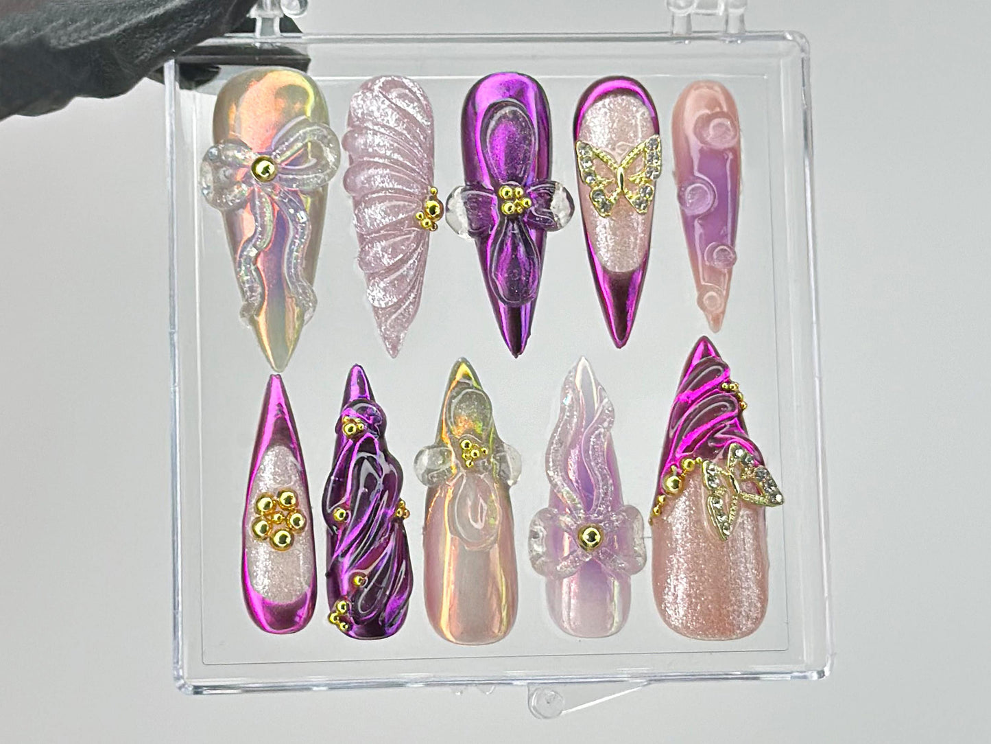 鮮やか パープル ネイルチップ｜Luxurious パープル ネイルアート｜バタフライ charms on ネイルチップ｜3Dフラワー Nail Charms｜ネイルチップ｜HD451TL
