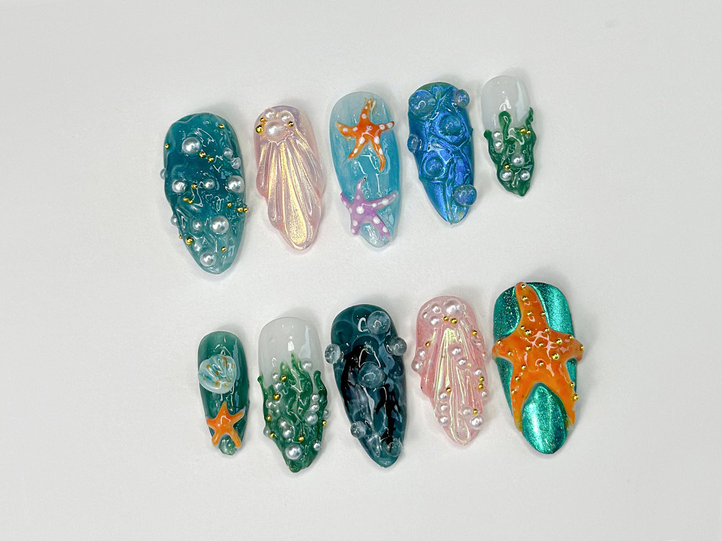 3D トロピカルビーチ ネイルチップ｜Ocean・Themed with Seaweed, Seashells, and スターfish｜ハンドメイド ネイルチップ｜J316SL
