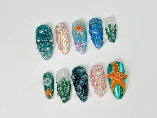 3D トロピカルビーチ ネイルチップ｜Ocean・Themed with Seaweed, Seashells, and スターfish｜ハンドメイド ネイルチップ｜J316SL