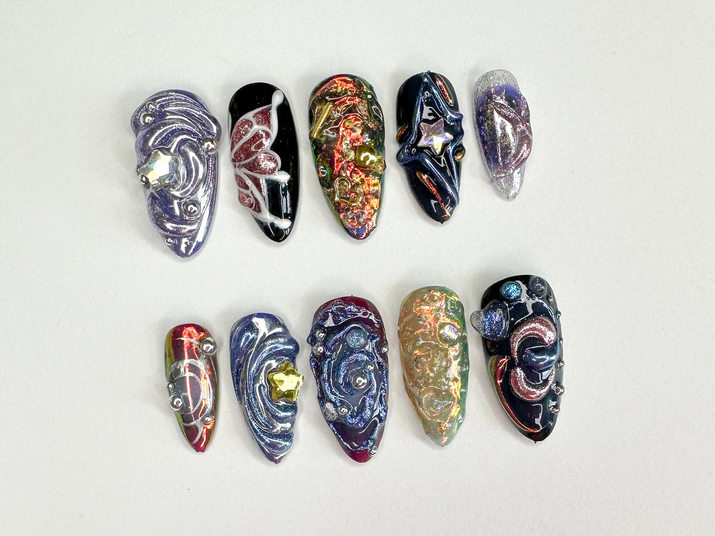 Galactic 3D ネイルチップ｜ハンドメイド ネイルチップ with Cosmic and スター Designs｜Perfect for a 華やか Look｜3D Gel x ネイル｜J331SC
