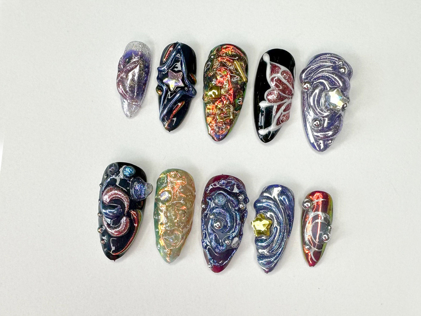 Galactic 3D ネイルチップ｜ハンドメイド ネイルチップ with Cosmic and スター Designs｜Perfect for a 華やか Look｜3D Gel x ネイル｜J331SC
