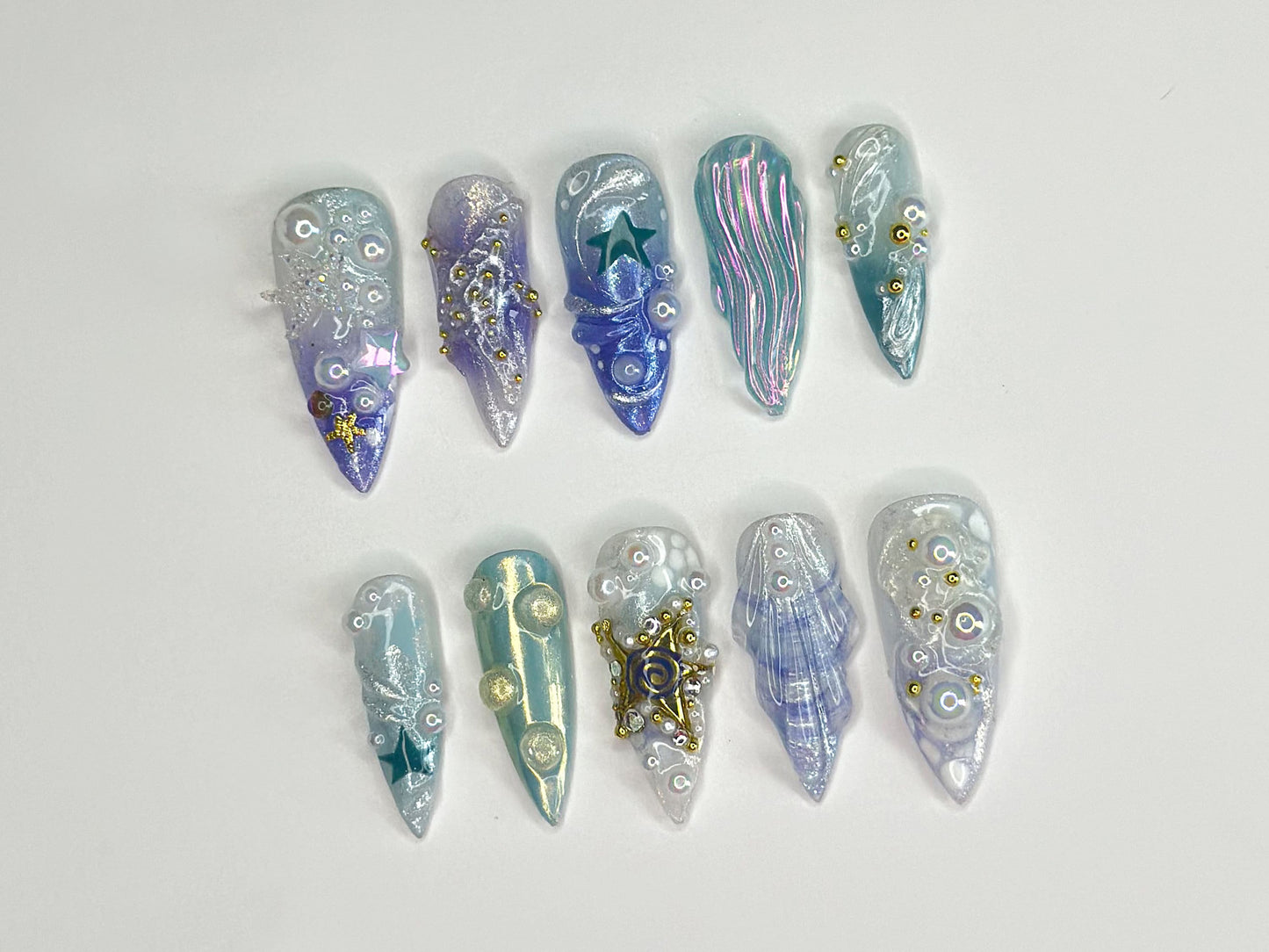 3D トロピカルビーチ ネイルチップ｜Ocean・Themed with Seaweed, Seashells, and スターfish｜ハンドメイド ネイルチップ｜J328SL