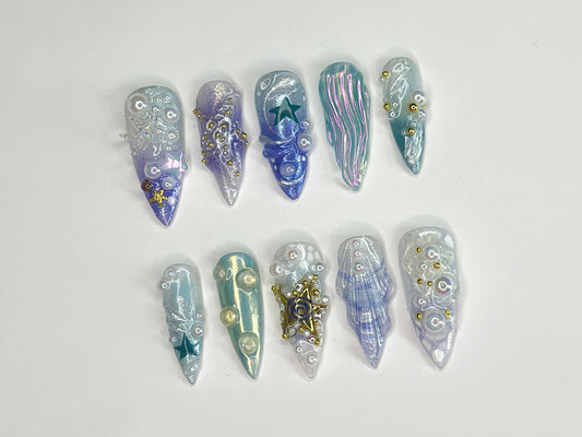 3D トロピカルビーチ ネイルチップ｜Ocean・Themed with Seaweed, Seashells, and スターfish｜ハンドメイド ネイルチップ｜J328SL