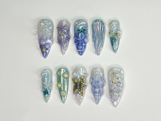 3D トロピカルビーチ ネイルチップ｜Ocean・Themed with Seaweed, Seashells, and スターfish｜ハンドメイド ネイルチップ｜J328SL