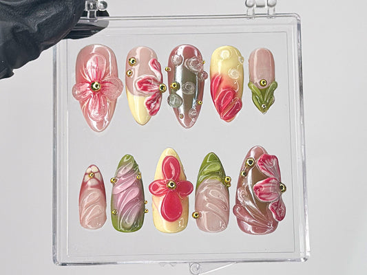 Designer フラワー ネイルチップ｜上品 3D フラワー ネイルアート｜カスタム ネイルチップ｜ロマンティック ネイルアート in ネイルチップ｜ネイルチップ｜HD453TL