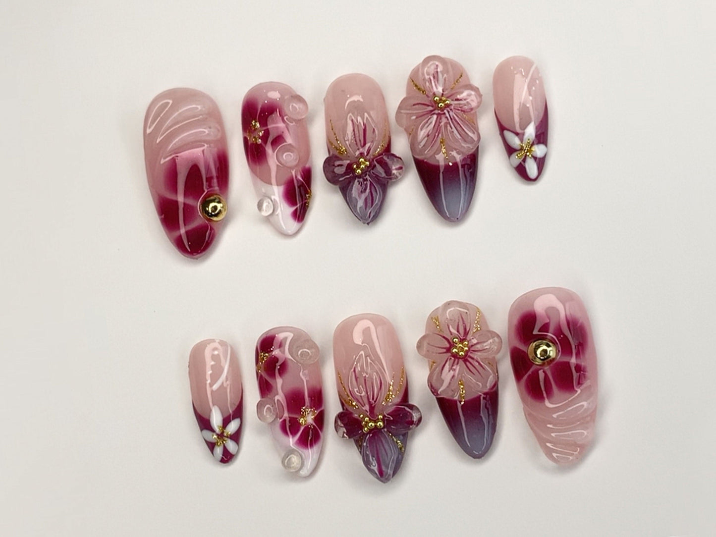 上品 フラワー ネイルチップ｜ハンドメイド ピンク・Burgundy グラデーション｜3Dフラワー・ラインストーン Accents｜Perfect for Special Occasions｜J349SL