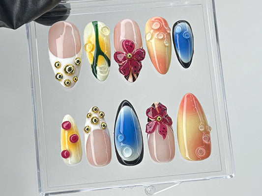 洗練された 夏 ネイルチップ｜Bright グラデーション & フラワー On ネイルチップ｜上品 ゴールド Studs Nail Charms｜3Dフラワー ネイルアート｜HD461TL
