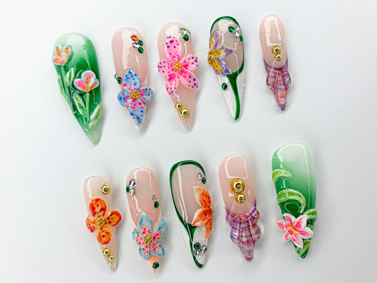 Colorful ドリーミー ネイルチップ｜3D Jelly Orchids ネイルアート｜手描き Acrylic フラワー ネイルチップ｜FairyCore フラワー ネイルチップ｜J437SL