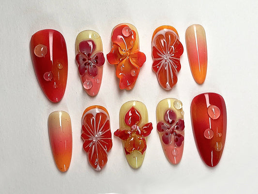 夏 Blossom ネイルチップ｜Tropical Sunset 3D Gel フラワー オンブレ ネイルアート｜カスタム ハンドメイド フラワー ネイル｜ドリーミー アーモンド ネイル｜J403A