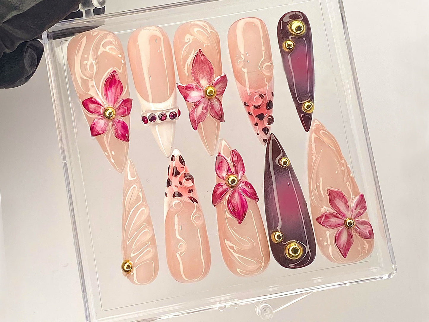 上品 フラワー ビジュー Press On Nail｜ピンク Blossom ネイルアート｜上品 フラワー ネイルチップ｜Artisan ピンク フラワー ネイルチップ｜ハンドメイド｜HD491YL