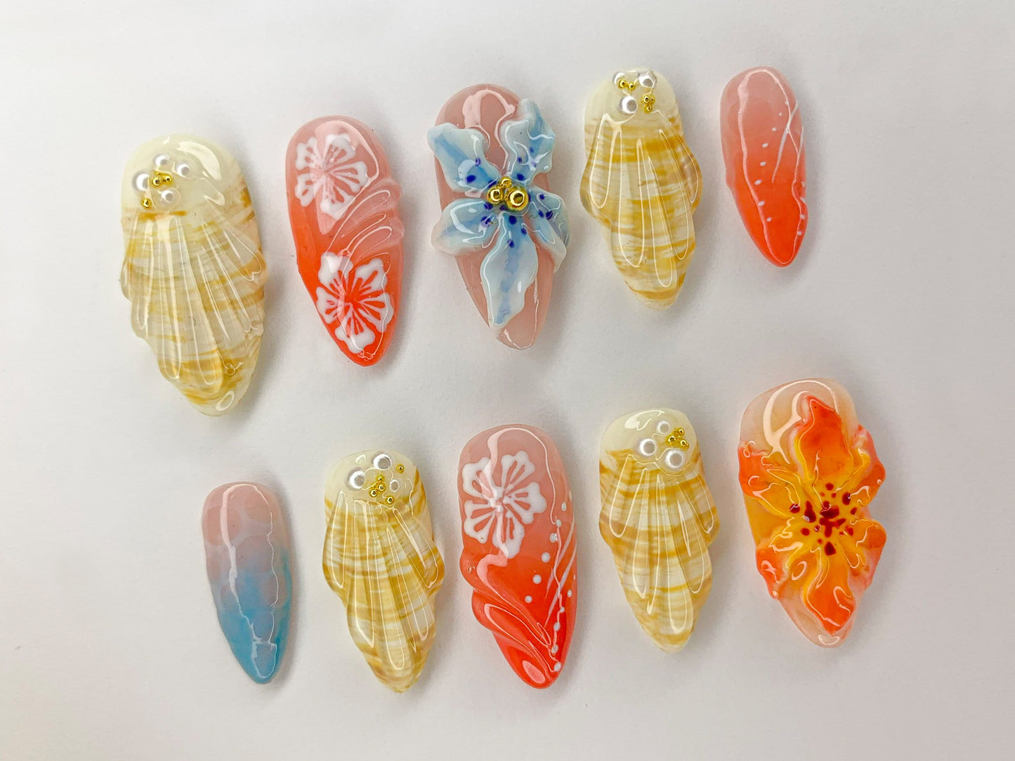 Ocean・風 3D ネイルチップ｜Beach Theme with Seashells and Orchards｜ハンドメイド ネイルチップ for 夏 Vibes｜J456SL