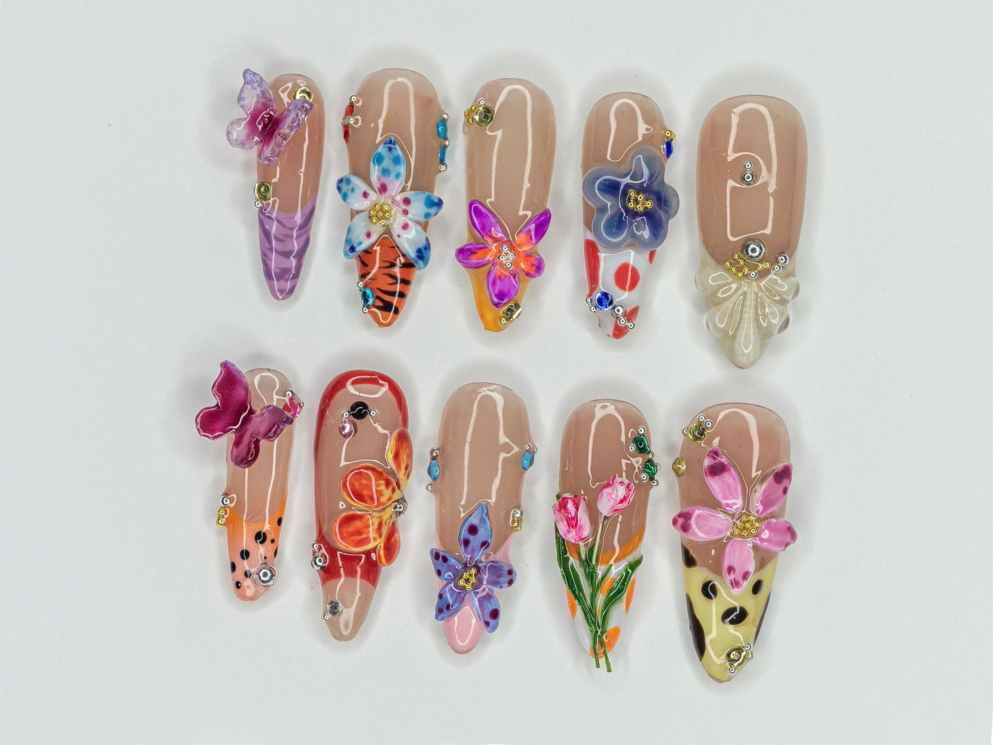 Colorful フラワー Garden ネイルチップ｜鮮やか Bloom ネイルチップ｜バタフライ & フラワー ネイルアート｜フラワー Fantasy Acrylci ネイル｜J426Y