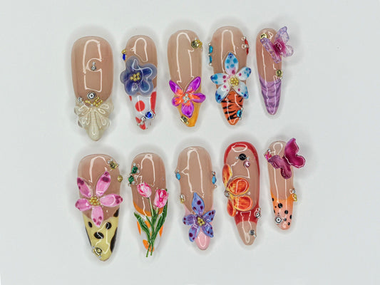 Colorful フラワー Garden ネイルチップ｜鮮やか Bloom ネイルチップ｜バタフライ & フラワー ネイルアート｜フラワー Fantasy Acrylci ネイル｜J426Y