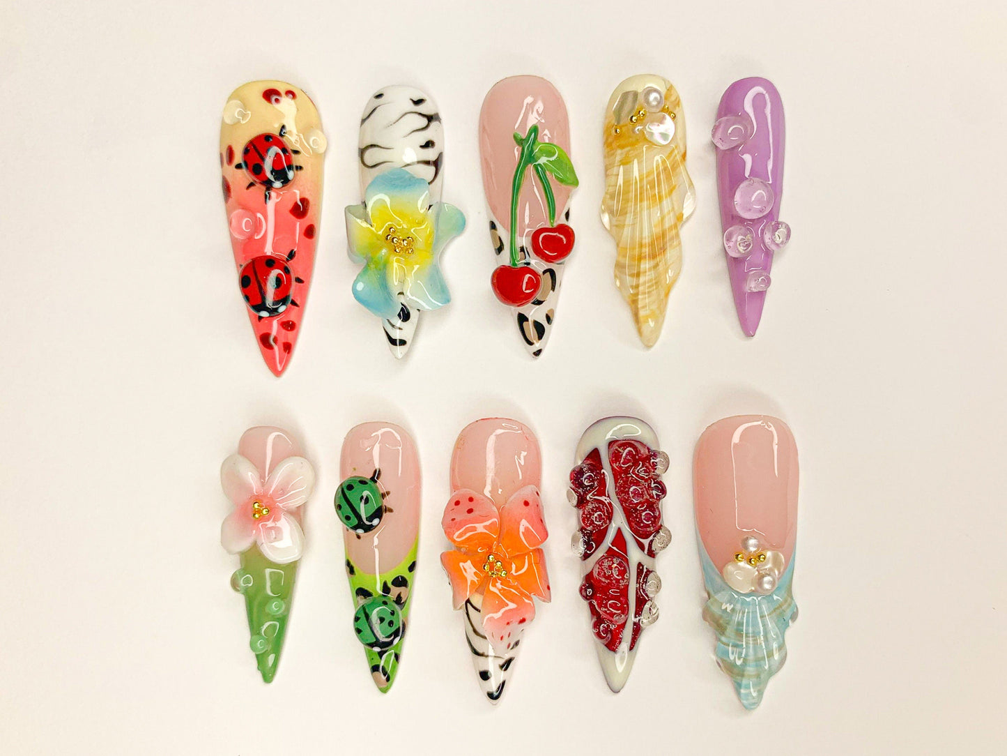 Kawaii 3D ネイルチップ｜Adorable 3D ネイルアート｜かわいい てんとう虫, チェリー, and フラワー Designs｜鮮やか 3D Kawaii ネイル｜J461SL