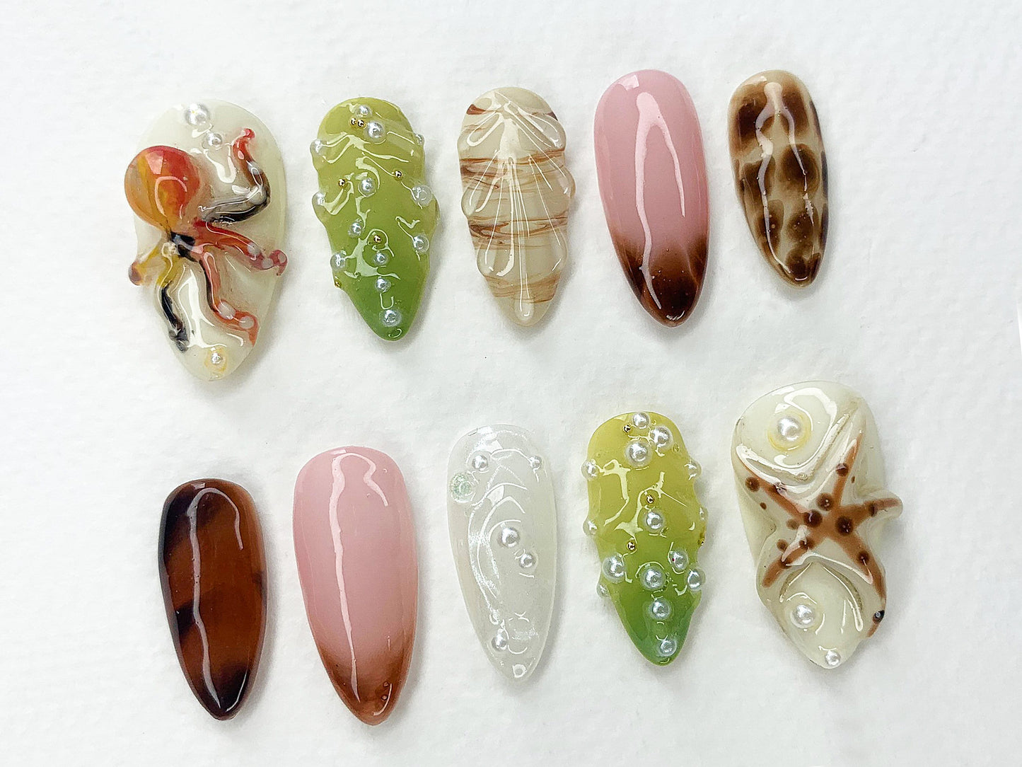 Jelly Ocean・風 ネイルチップ アーモンド｜3D Beach Theme with Seashells and Mermaid Design｜ハンドメイド ネイルチップ for 夏 Vibes｜J400A