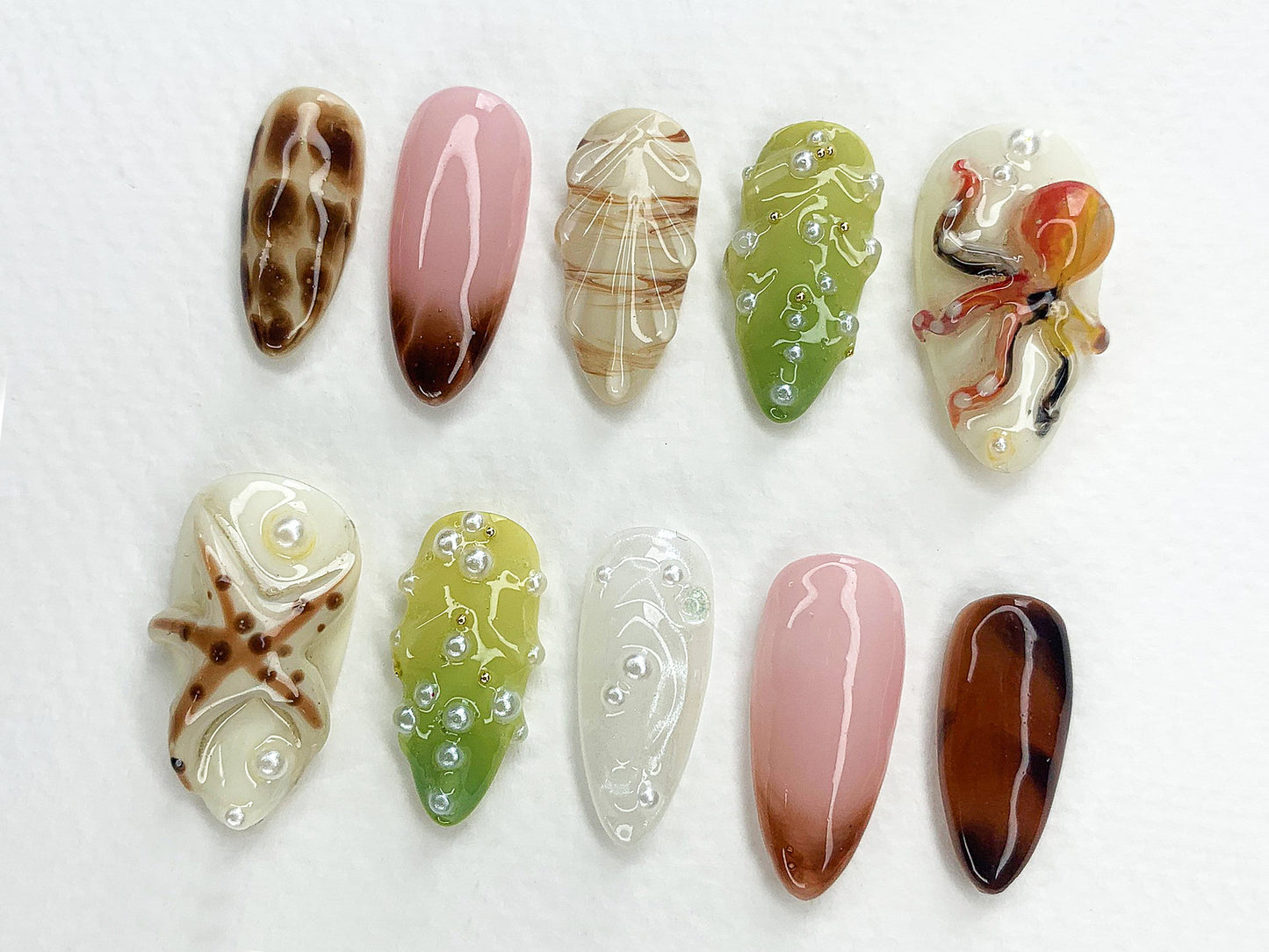 Jelly Ocean・風 ネイルチップ アーモンド｜3D Beach Theme with Seashells and Mermaid Design｜ハンドメイド ネイルチップ for 夏 Vibes｜J400A