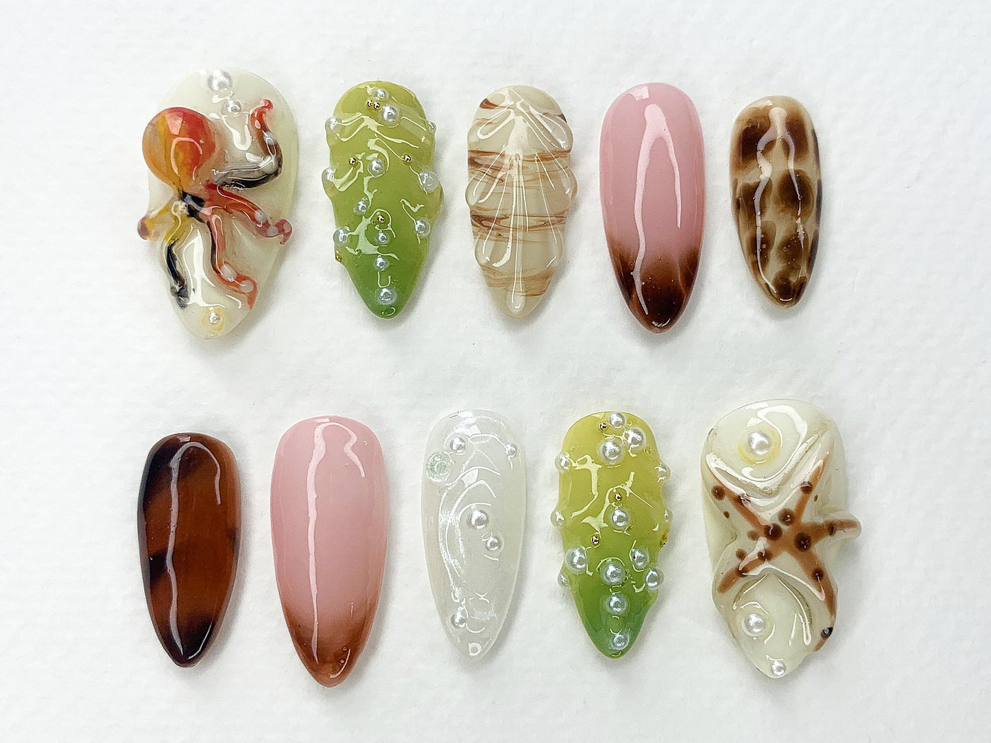 Jelly Ocean・風 ネイルチップ アーモンド｜3D Beach Theme with Seashells and Mermaid Design｜ハンドメイド ネイルチップ for 夏 Vibes｜J400A