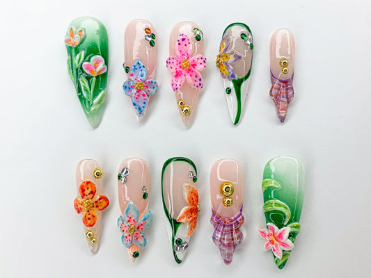 Colorful ドリーミー ネイルチップ｜3D Jelly Orchids ネイルアート｜手描き Acrylic フラワー ネイルチップ｜FairyCore フラワー ネイルチップ｜J437SL