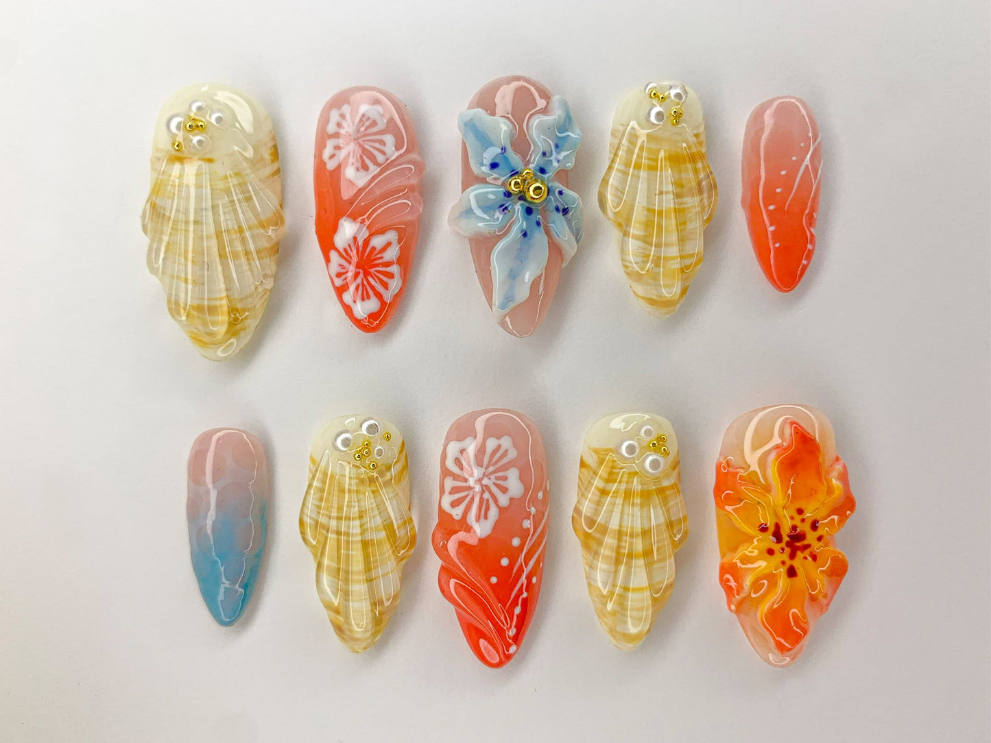 Ocean・風 3D ネイルチップ｜Beach Theme with Seashells and Orchards｜ハンドメイド ネイルチップ for 夏 Vibes｜J456SL