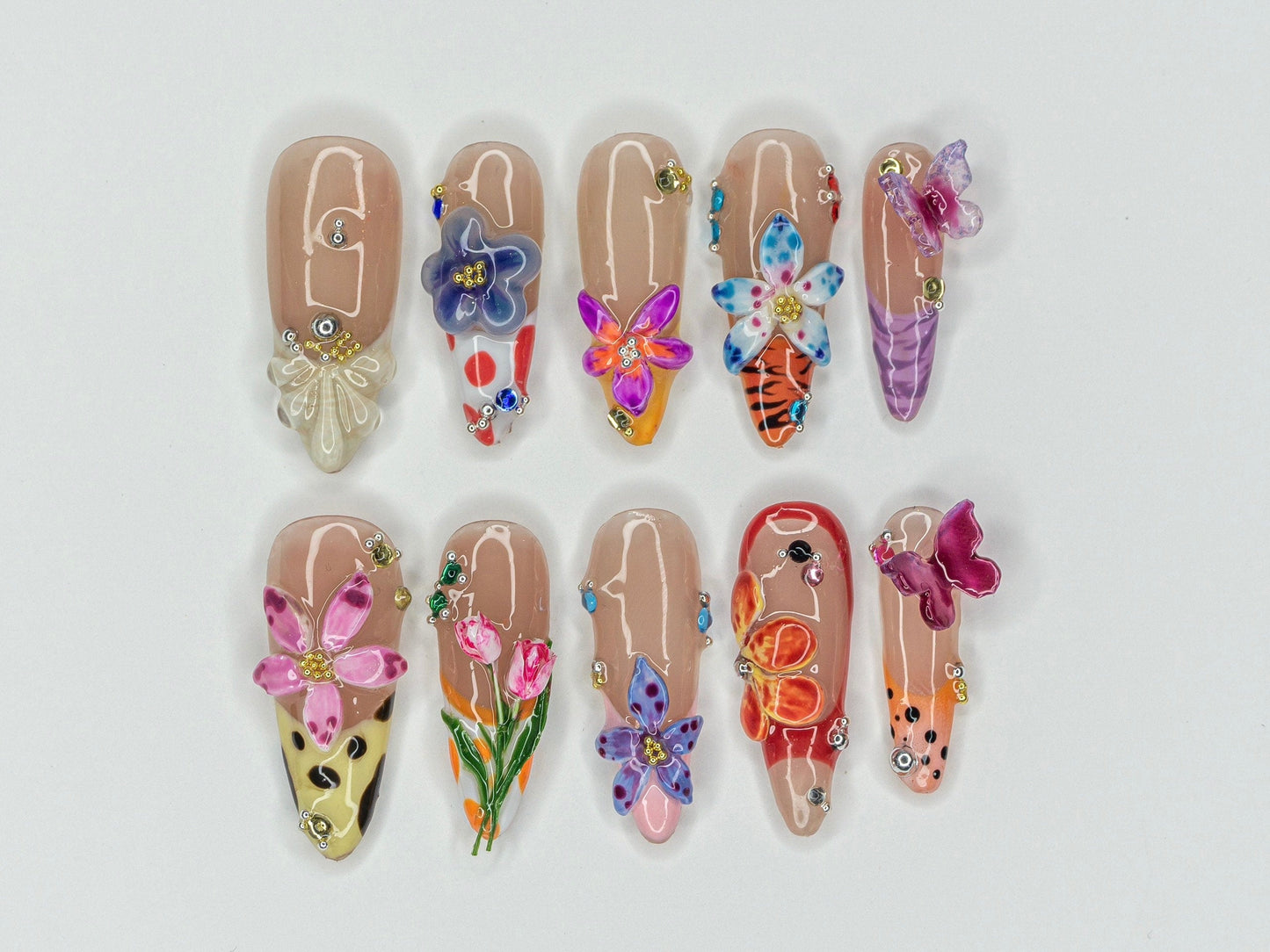 Colorful フラワー Garden ネイルチップ｜鮮やか Bloom ネイルチップ｜バタフライ & フラワー ネイルアート｜フラワー Fantasy Acrylci ネイル｜J426Y