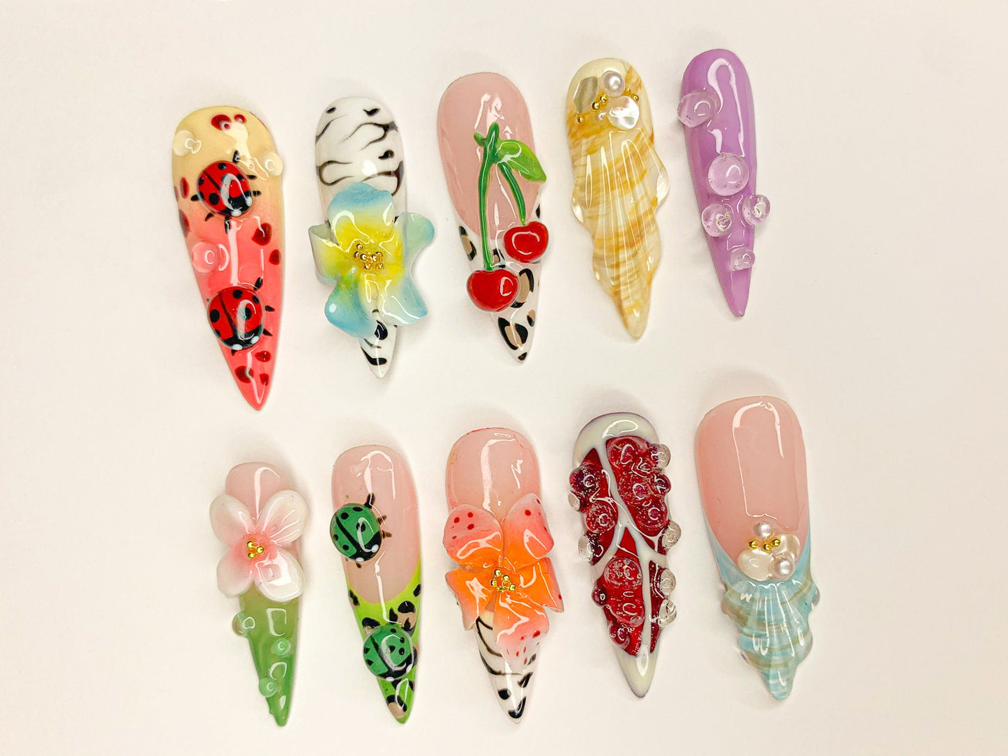 Kawaii 3D ネイルチップ｜Adorable 3D ネイルアート｜かわいい てんとう虫, チェリー, and フラワー Designs｜鮮やか 3D Kawaii ネイル｜J461SL