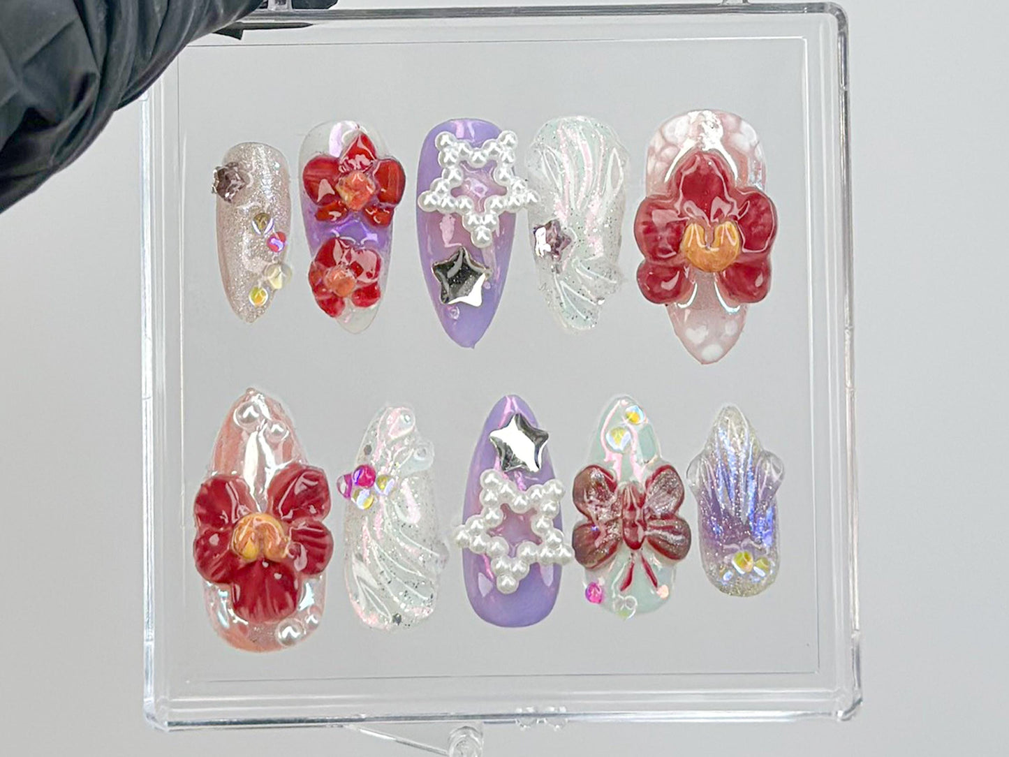 Orchid Blossom ネイルチップ｜スター beads and バタフライ ネイルアート｜ネイルチップ アーモンド｜フラワー ネイル｜Nail Charms｜ネイルチップ｜HD570S