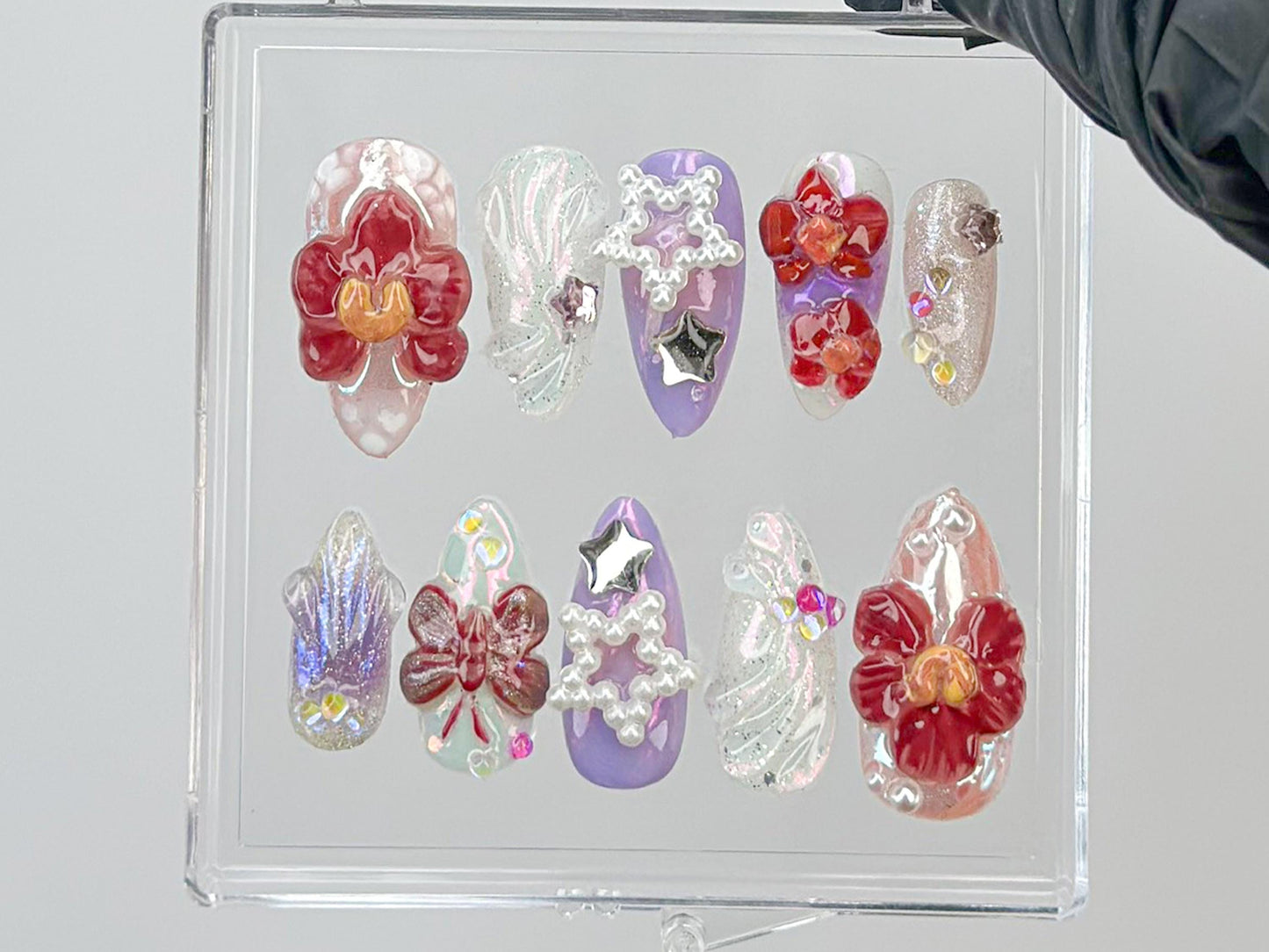 Orchid Blossom ネイルチップ｜スター beads and バタフライ ネイルアート｜ネイルチップ アーモンド｜フラワー ネイル｜Nail Charms｜ネイルチップ｜HD570S