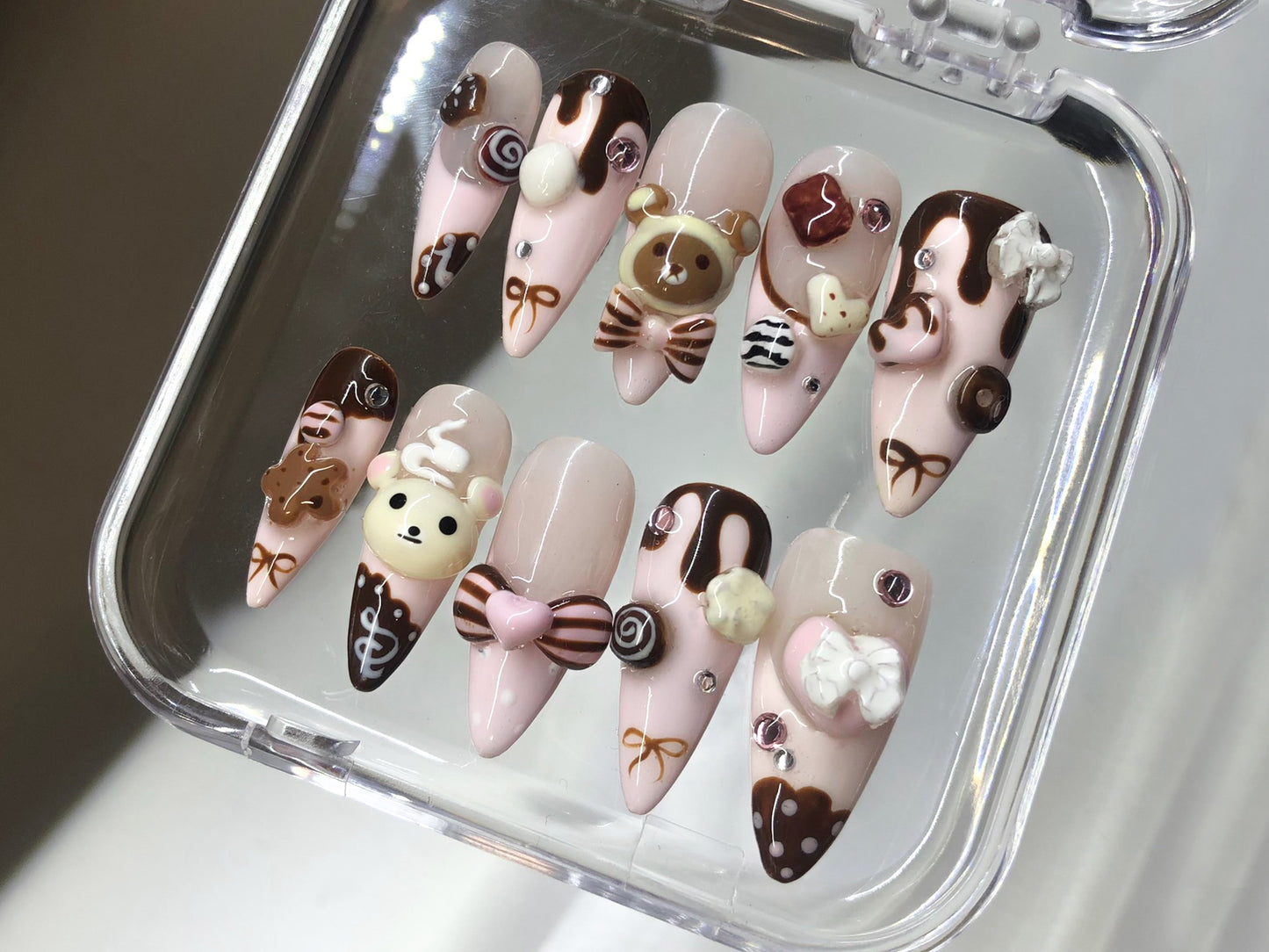 かわいい Dessert ネイルチップ｜3D Sweets And ベア Designs with リボン ネイルチップ｜3D Chocolate, Candy ネイルチップ｜Kawaii ネイル｜HD549Y