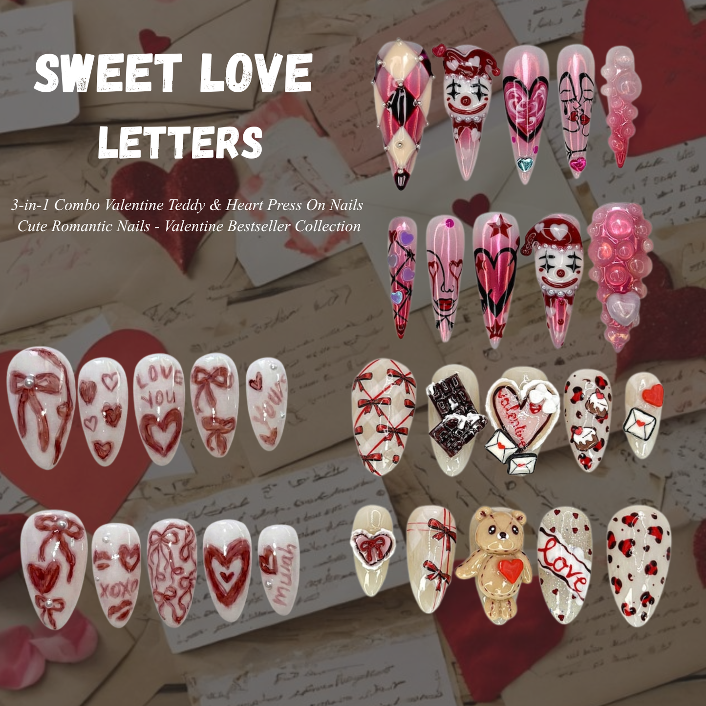 Sweet Love Letters Combo ネイルチップ 3D Teddy ハート Love Letter Design ハンドメイド バレンタイン ネイル｜DB14L