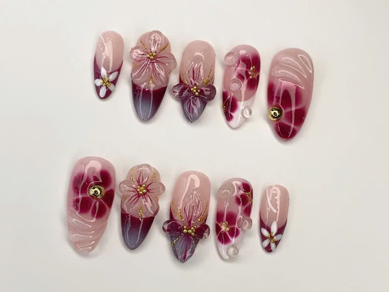 上品 フラワー ネイルチップ｜ハンドメイド ピンク・Burgundy グラデーション｜3Dフラワー・ラインストーン Accents｜Perfect for Special Occasions｜JC349SL