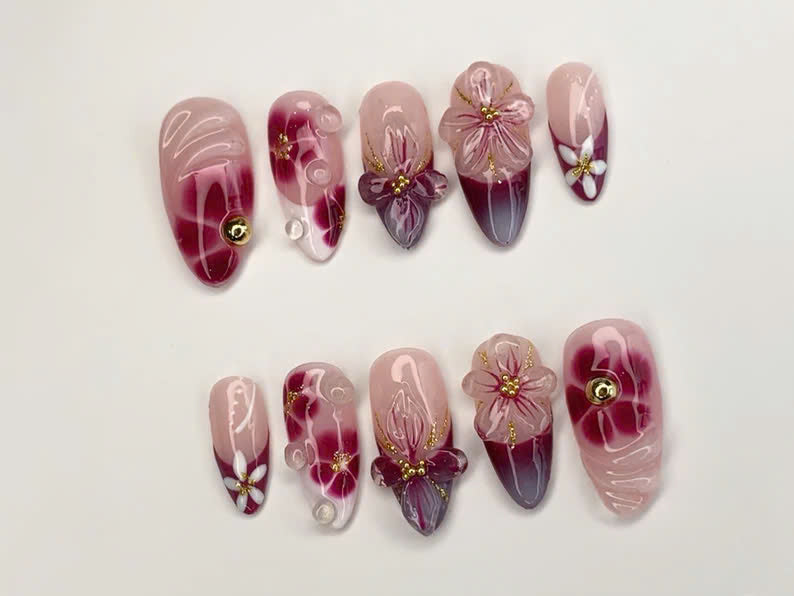 上品 フラワー ネイルチップ｜ハンドメイド ピンク・Burgundy グラデーション｜3Dフラワー・ラインストーン Accents｜Perfect for Special Occasions｜JC349SL
